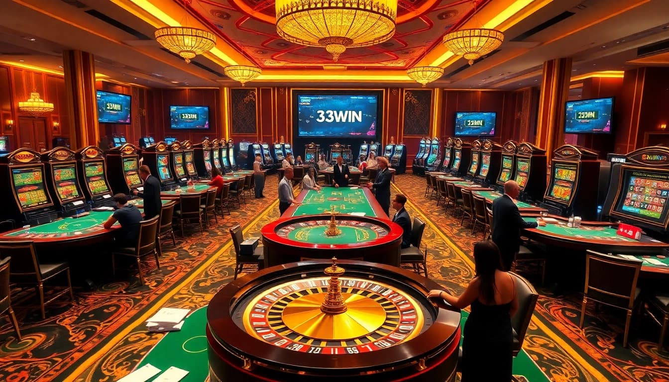 Experience the thrill of 33win with gamblers enjoying high-stakes games in a luxurious casino atmosphere.