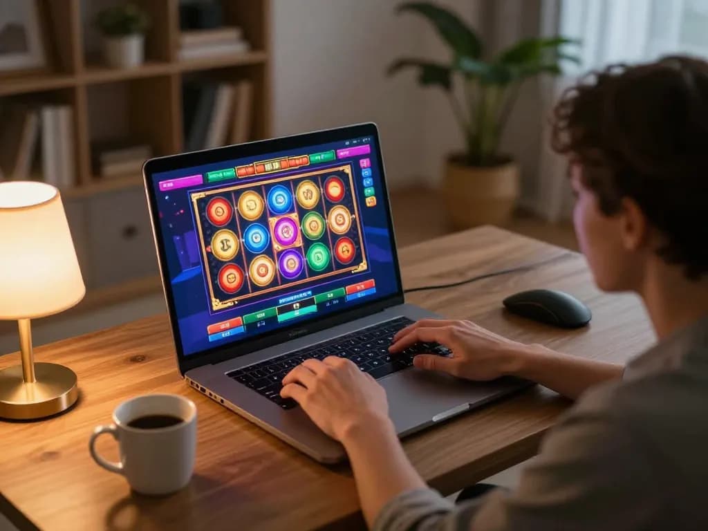 An engaged player accessing ทางเข้า m102 for an online casino slot game on their laptop