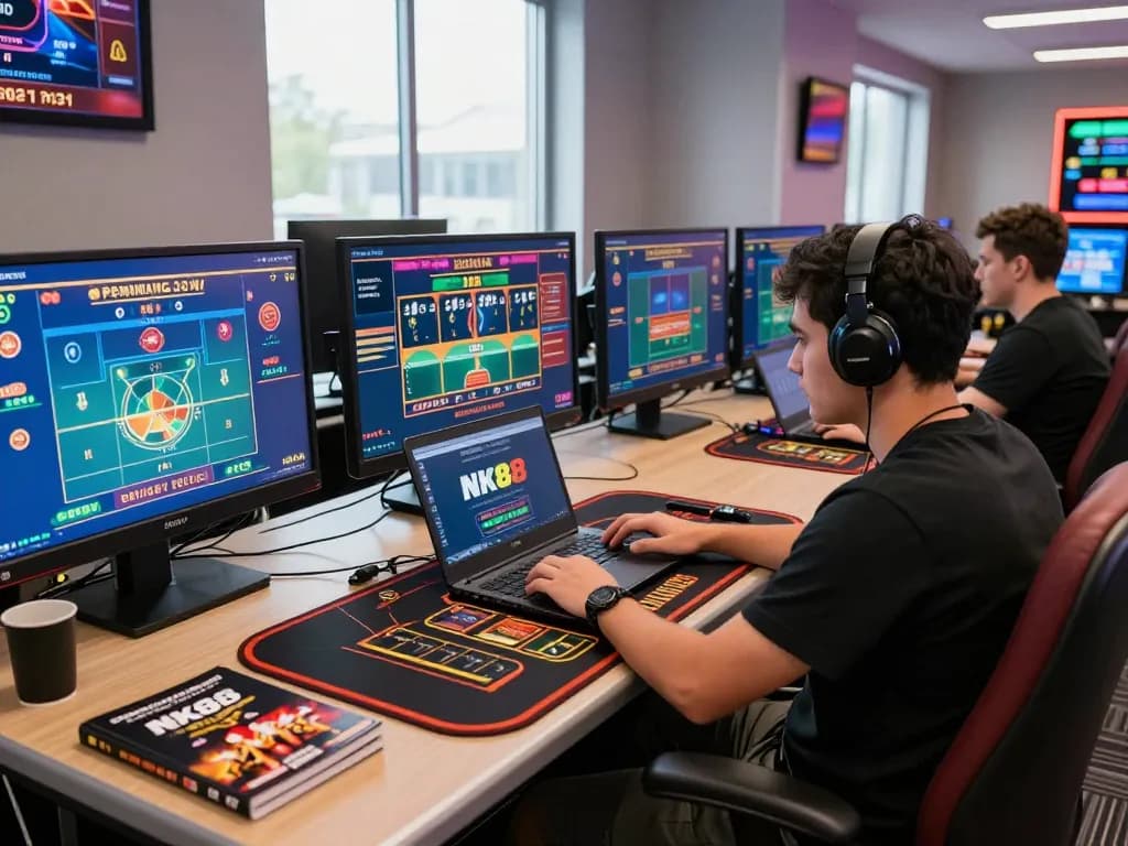 Engaging in NK88 online betting, a player uses a laptop for live dealer games in a stylish home office.