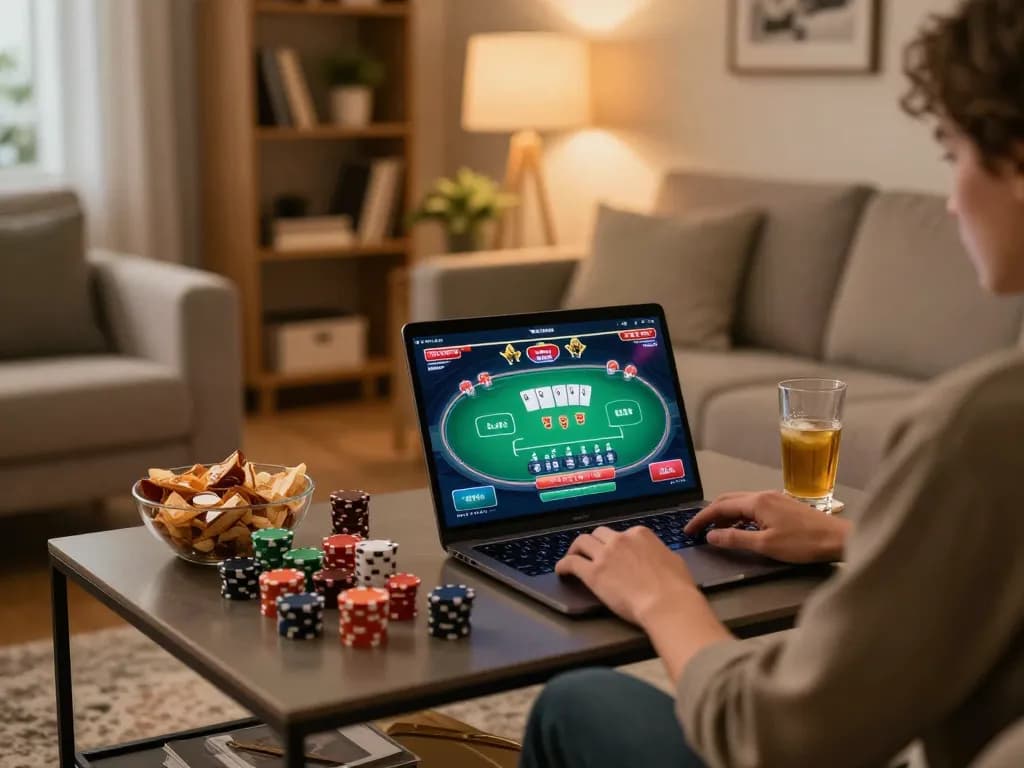 C168 player enjoying poker game on laptop in a cozy home setup, reflecting responsible gaming.