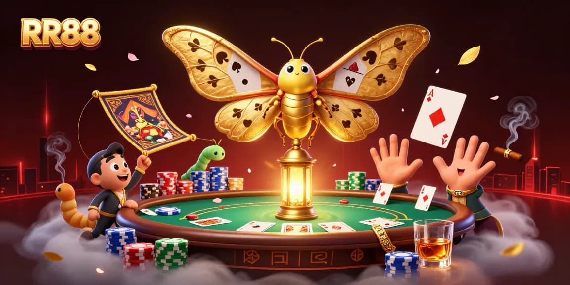 Play thrilling games at RR88 with a vibrant casino scene filled with poker elements.