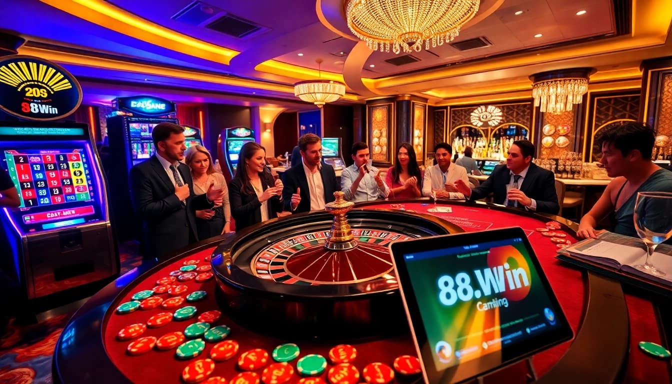 Players enjoying excitement at 68win's roulette table in a bustling casino setting.