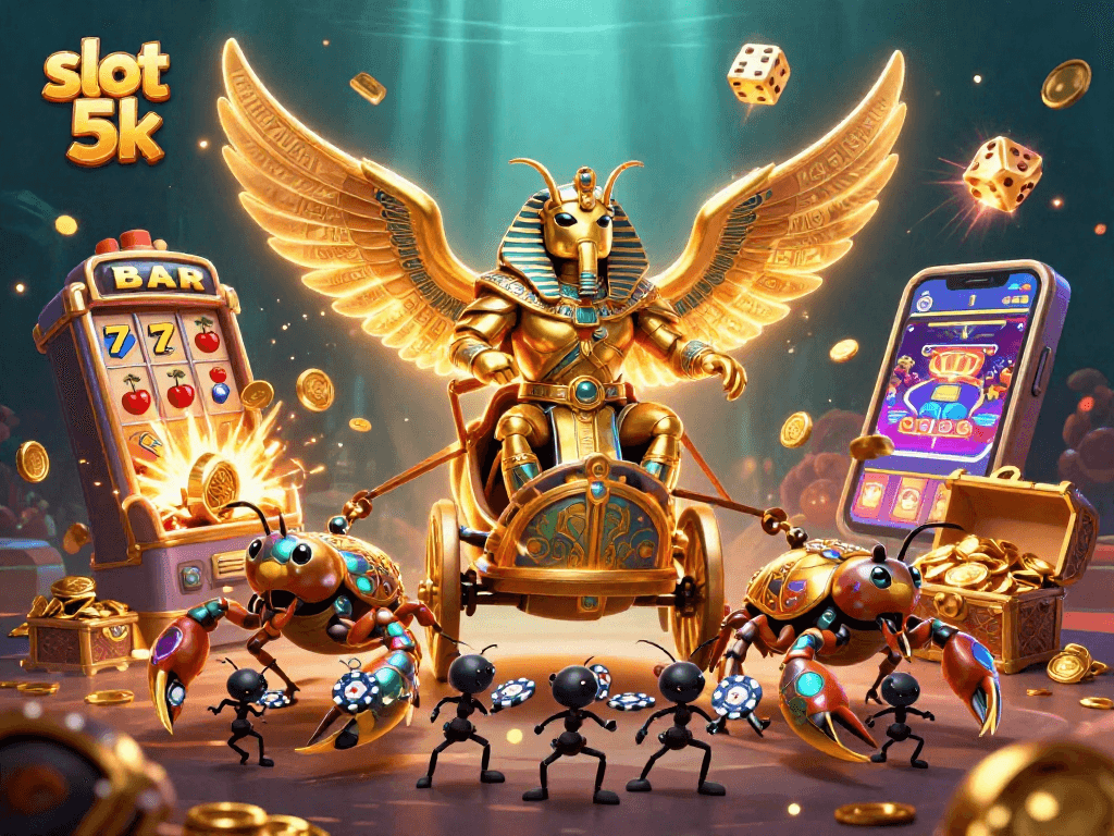 Spin to win with slot 5k in a dynamic casino-themed 3D illustration full of action!