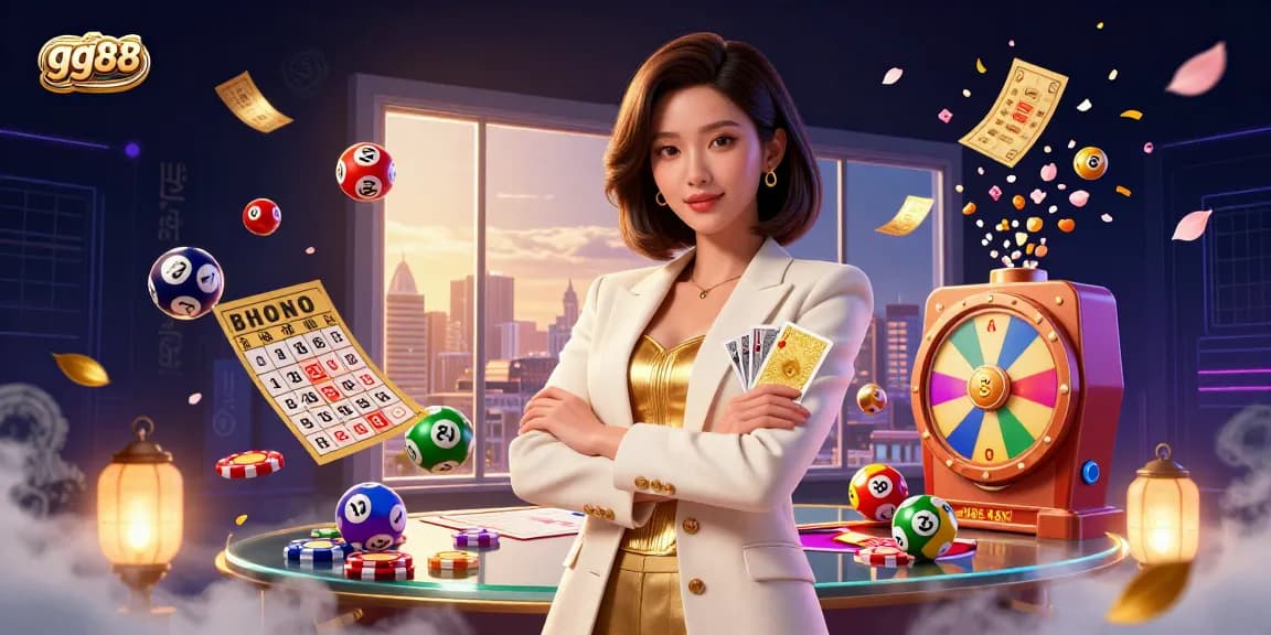 Experience the thrill of gg88 with vibrant lottery balls, a glamorous dealer, and dynamic gaming elements.
