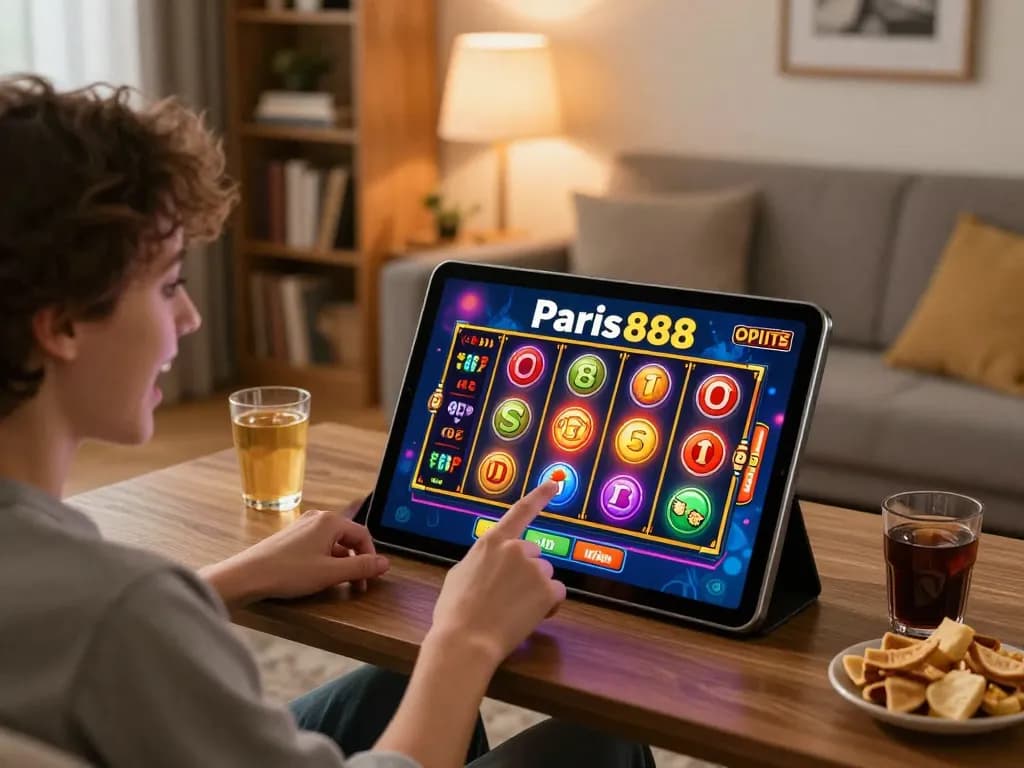 Player engaging with paris888 online slots on a tablet at home while enjoying snacks and drinks.
