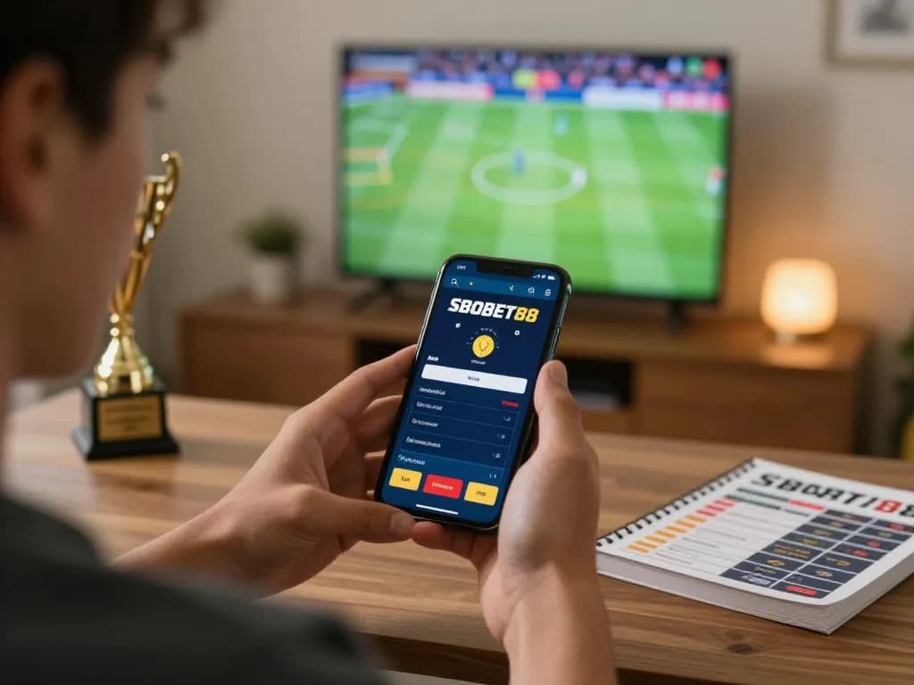 Pengguna SBOBET88 memasang taruhan di smartphone di kantor rumah yang bergaya dengan permainan olahraga di TV