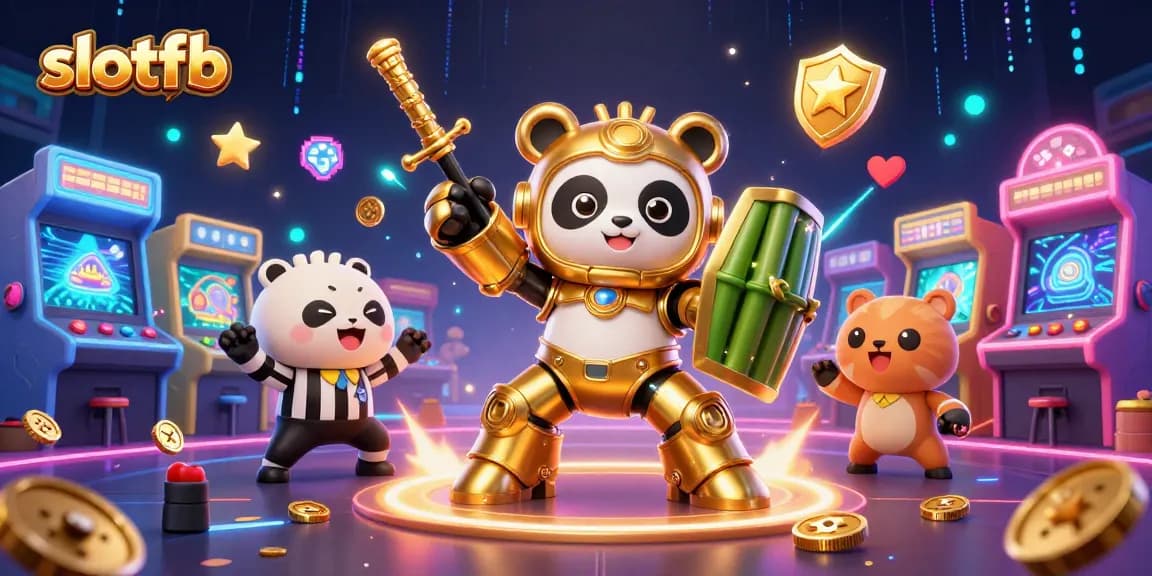 Slotfb menghadirkan ilustrasi yang penuh aksi dengan panda emas dalam robot mesin di arena kasino.
