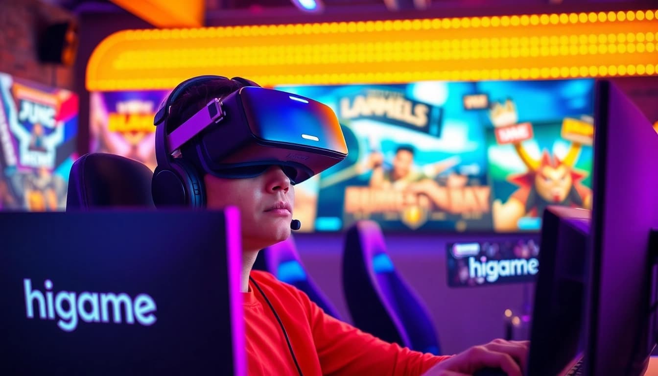 Engaged gamer immersed in a dynamic higame VR experience with vibrant lighting and sleek gear.