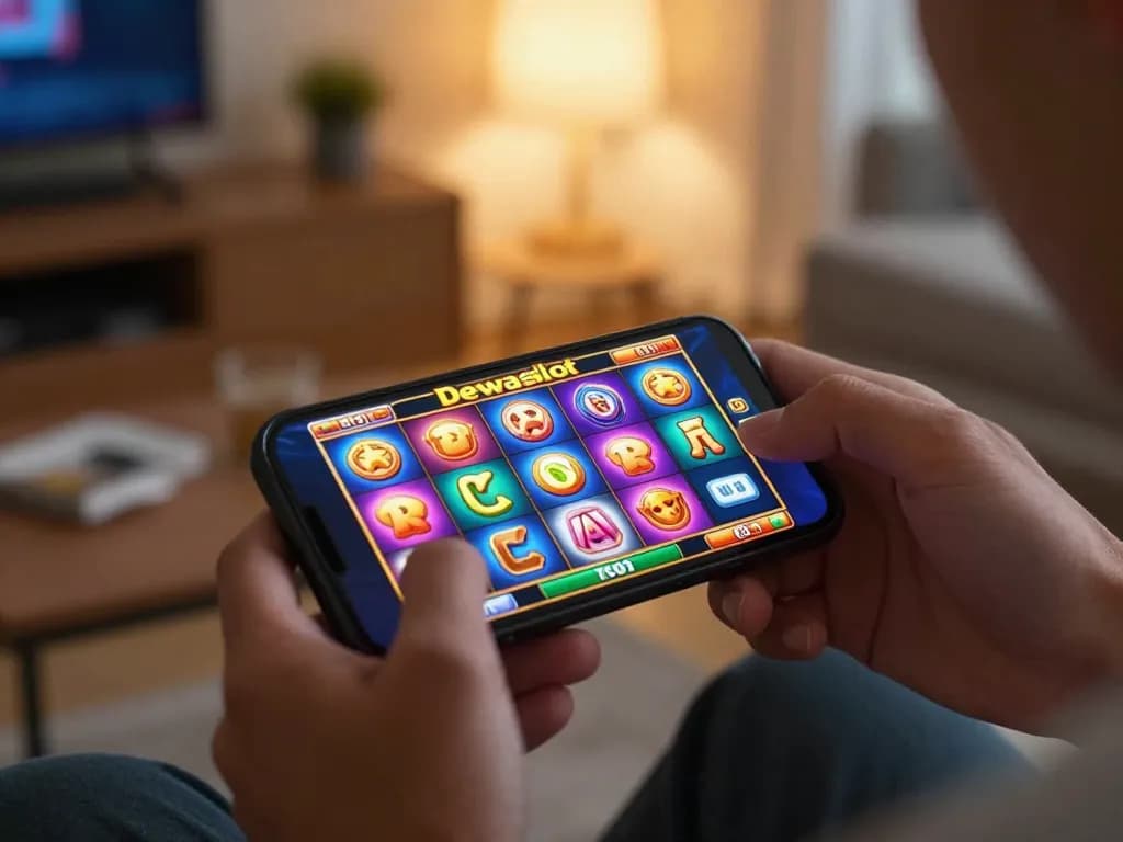 Player engaged in dewaslot online gaming on smartphone in cozy living room setting