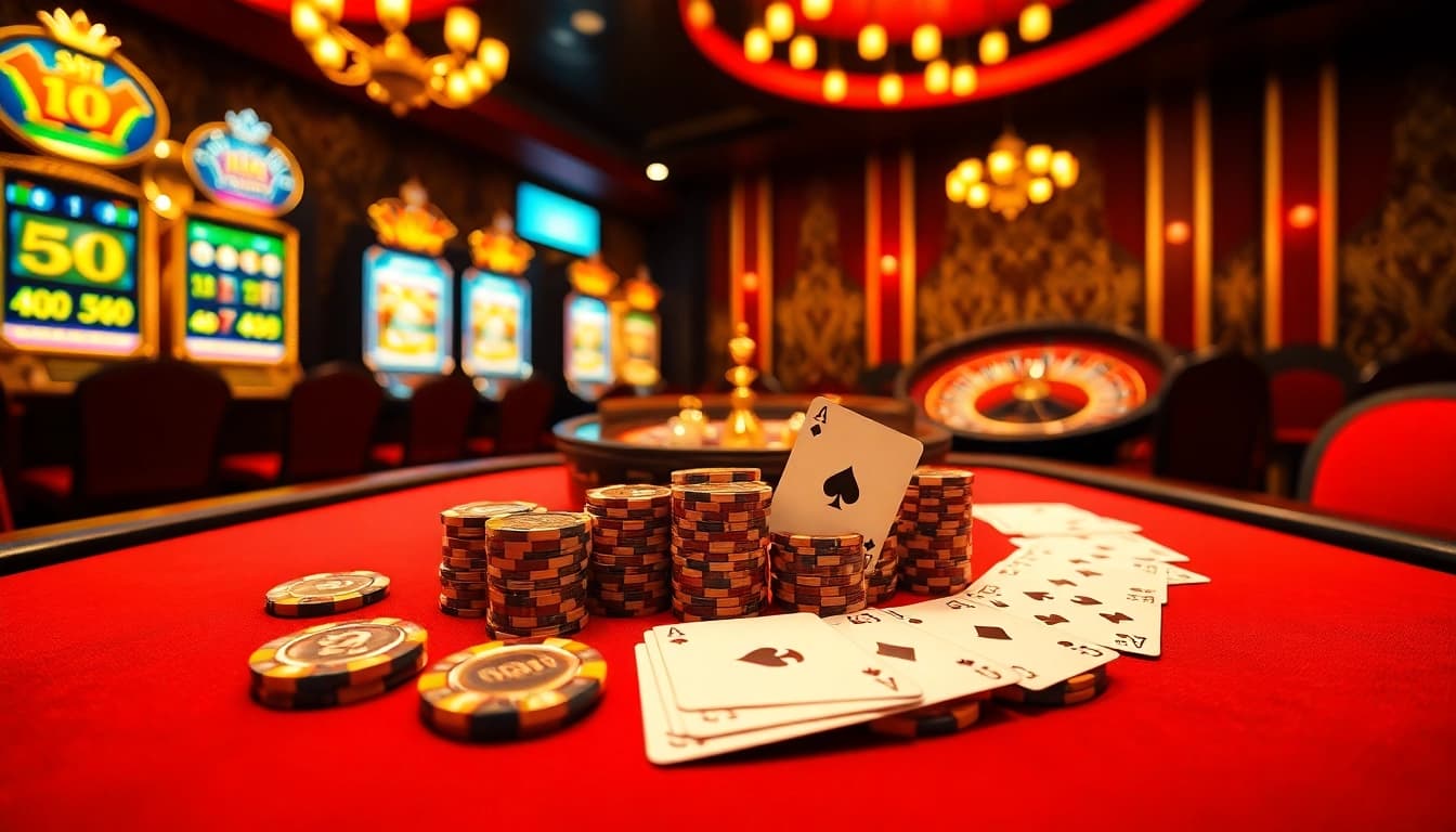 Engage in thrilling gameplay at https://gi8.gr.com/ featuring a vibrant online casino atmosphere with poker chips and cards.