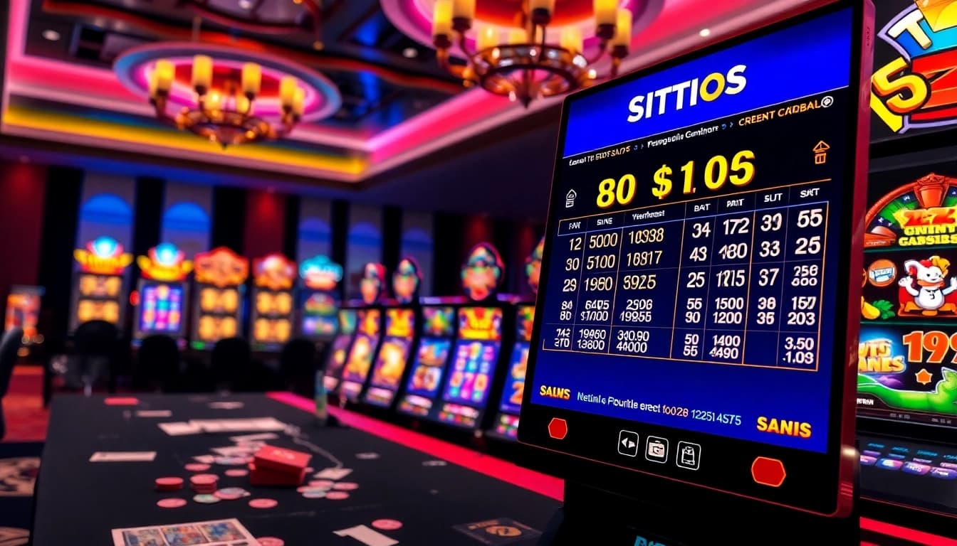 Players checking RTP Slot statistics at a vibrant casino table filled with slot machines.