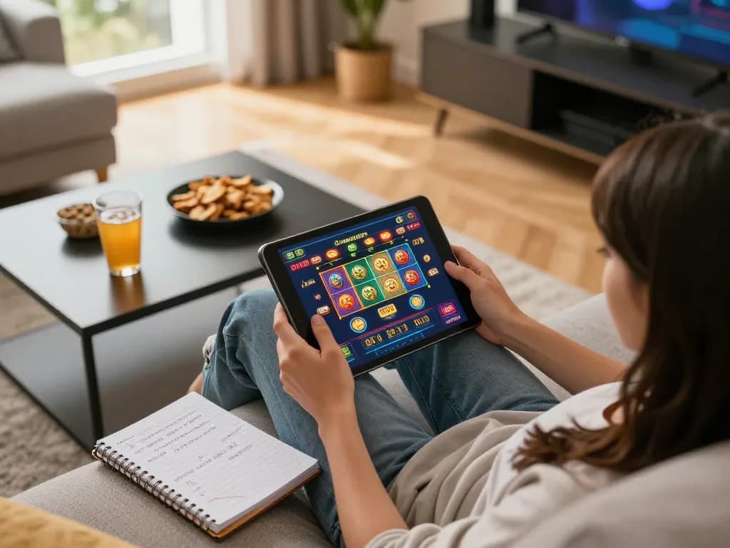 Engaging in a malaysia online casino game on a tablet in a cozy home setting with warm lighting