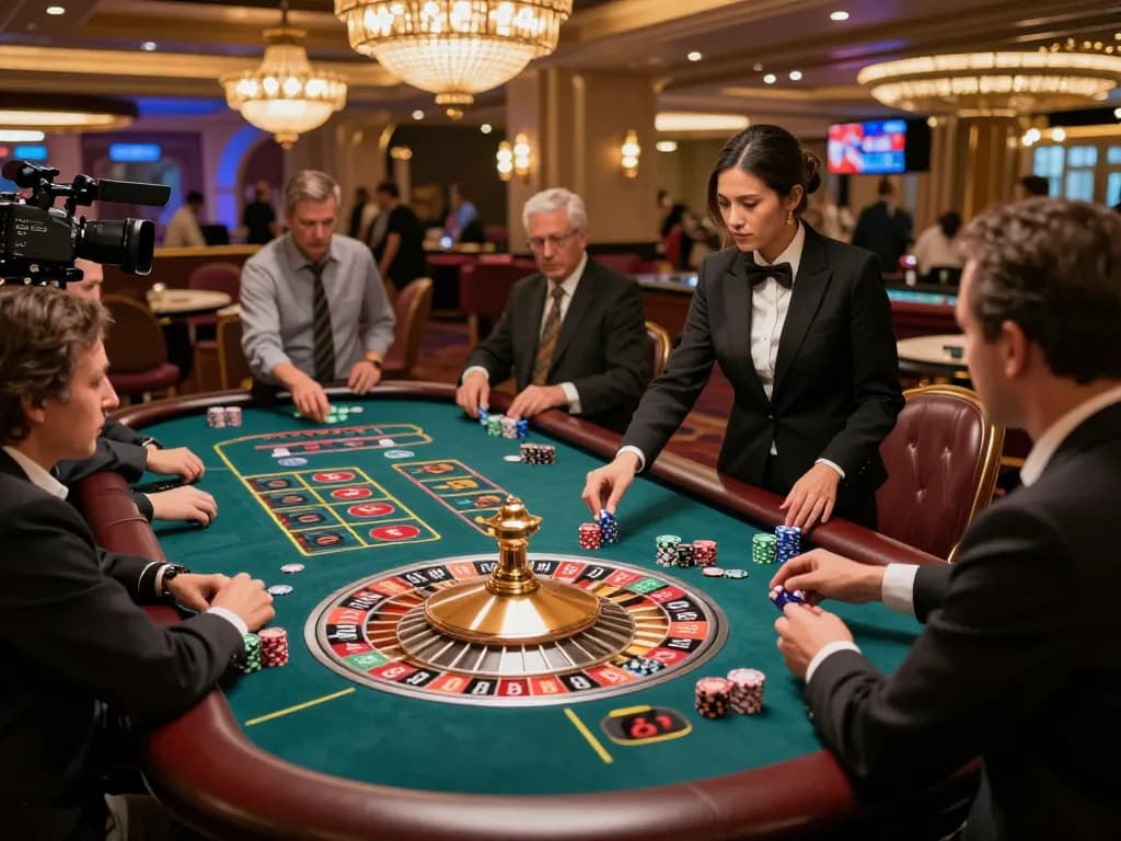 Engage with the thrilling links 모음 as players place bets at a roulette table in a vibrant casino atmosphere.