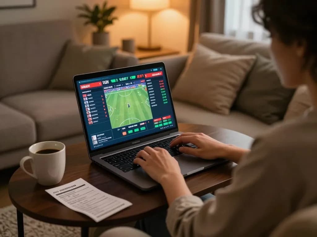 Engaging in online sports betting with qq88, a person using a laptop in a cozy living room.
