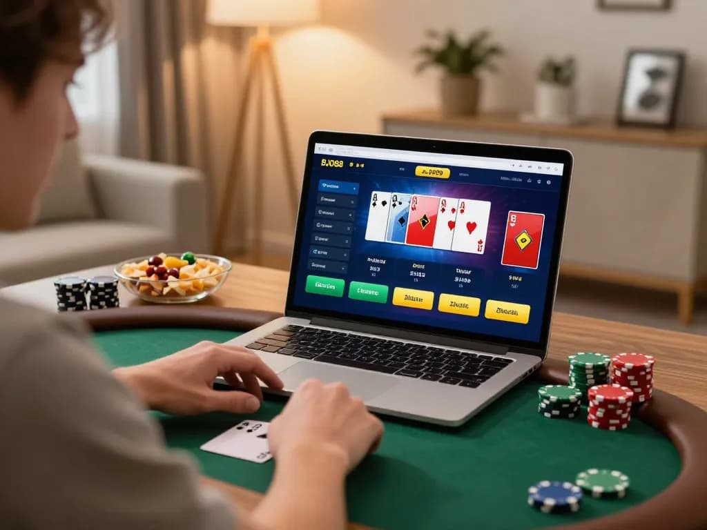 Pemain menikmati permainan poker online yang mendebarkan dengan aplikasi BJO88, suasana rumah yang nyaman.