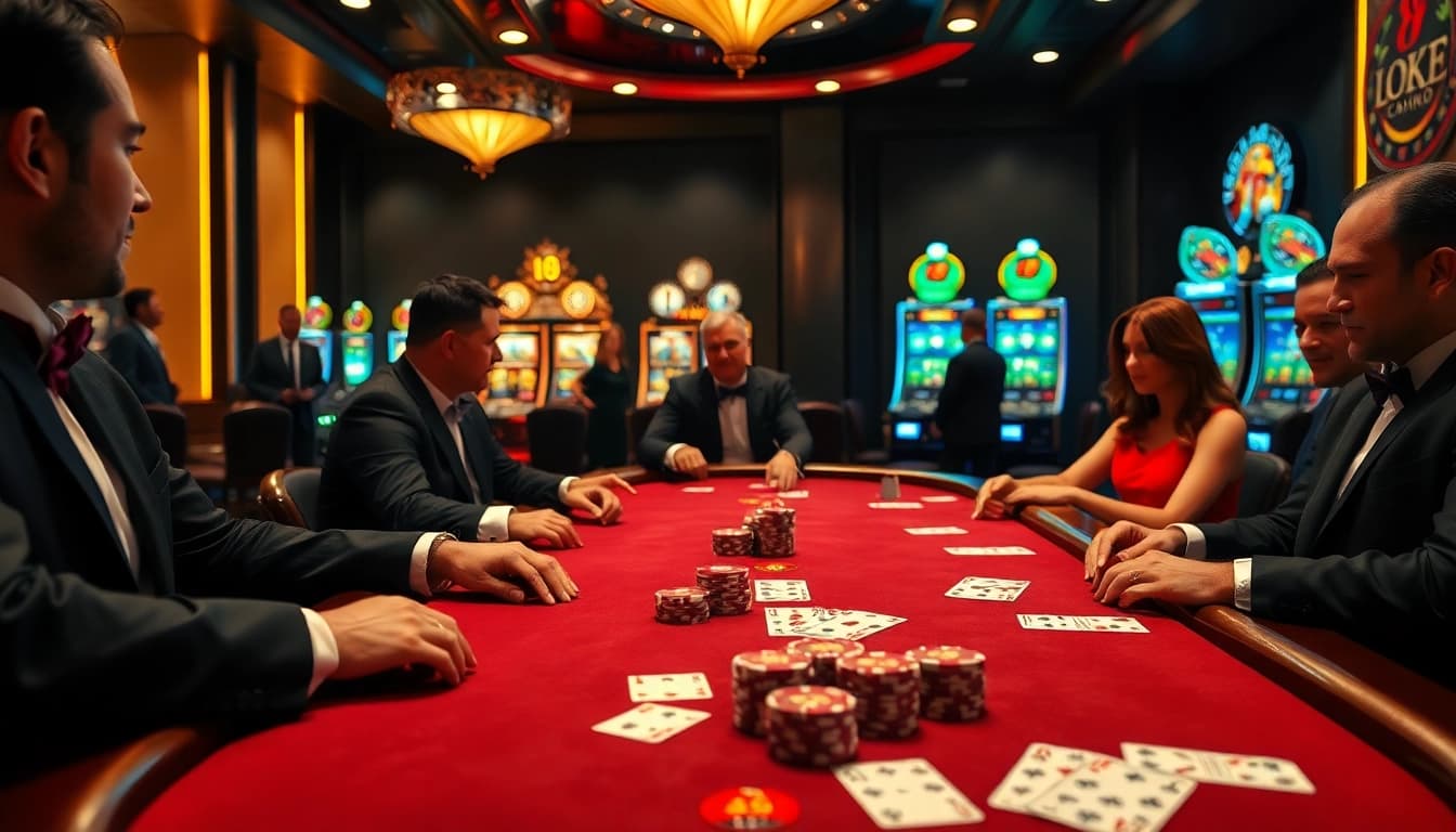Experience the excitement of LUCK8 with vibrant casino visuals showcasing poker tables and slot machines.