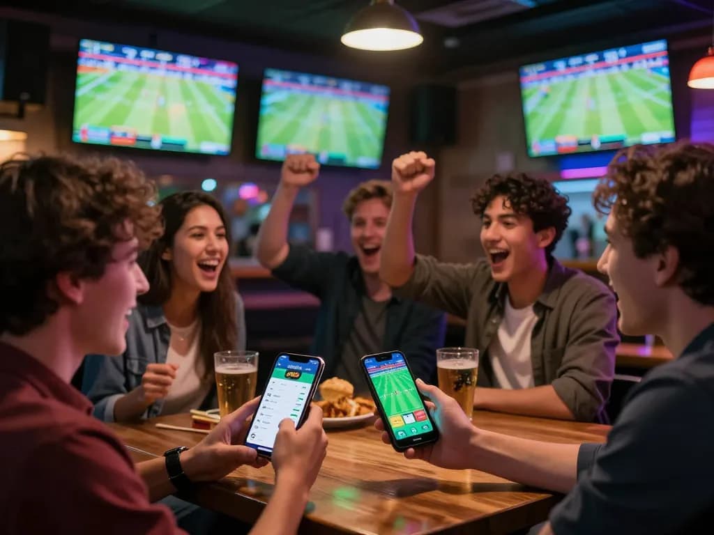 Engaging moment of users placing bets on go89 app while celebrating wins in a vibrant sports bar atmosphere.