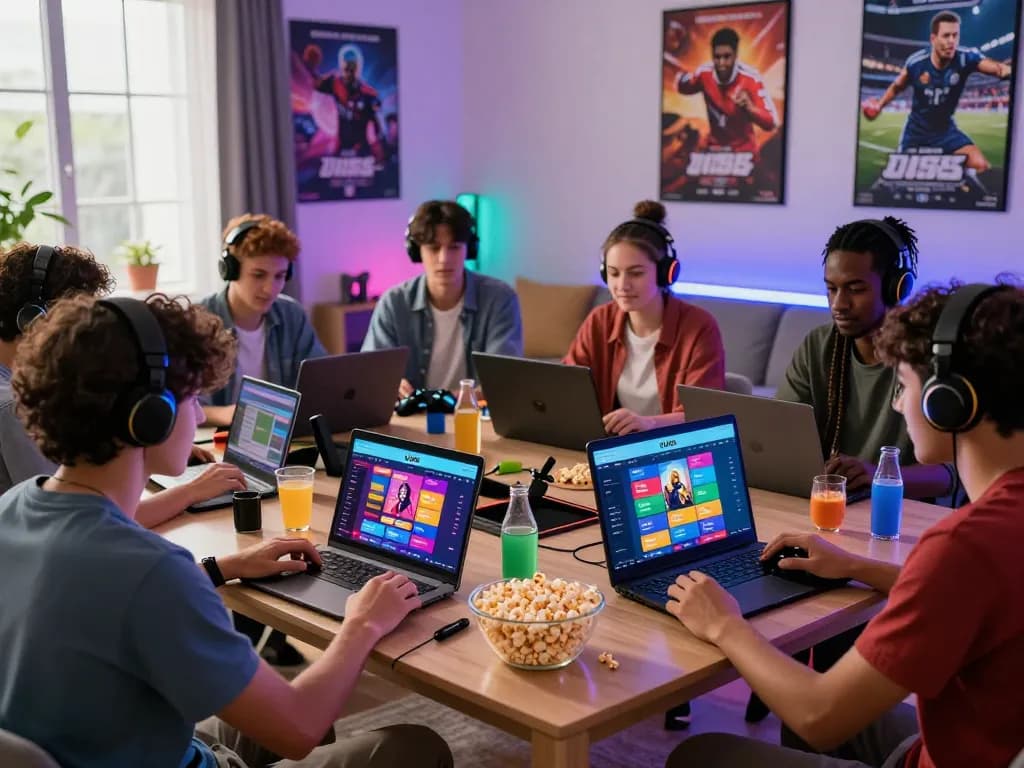 A lively gaming scene with friends enjoying the UU88 online platform, surrounded by snacks and colorful LED lights.