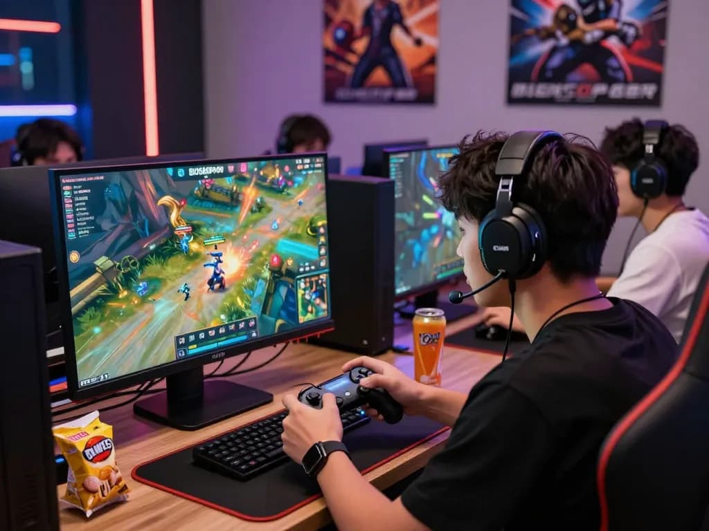 Engaged player at BIOSKOP69 online game, immersive digital environment with vibrant graphics and high-tech setup.