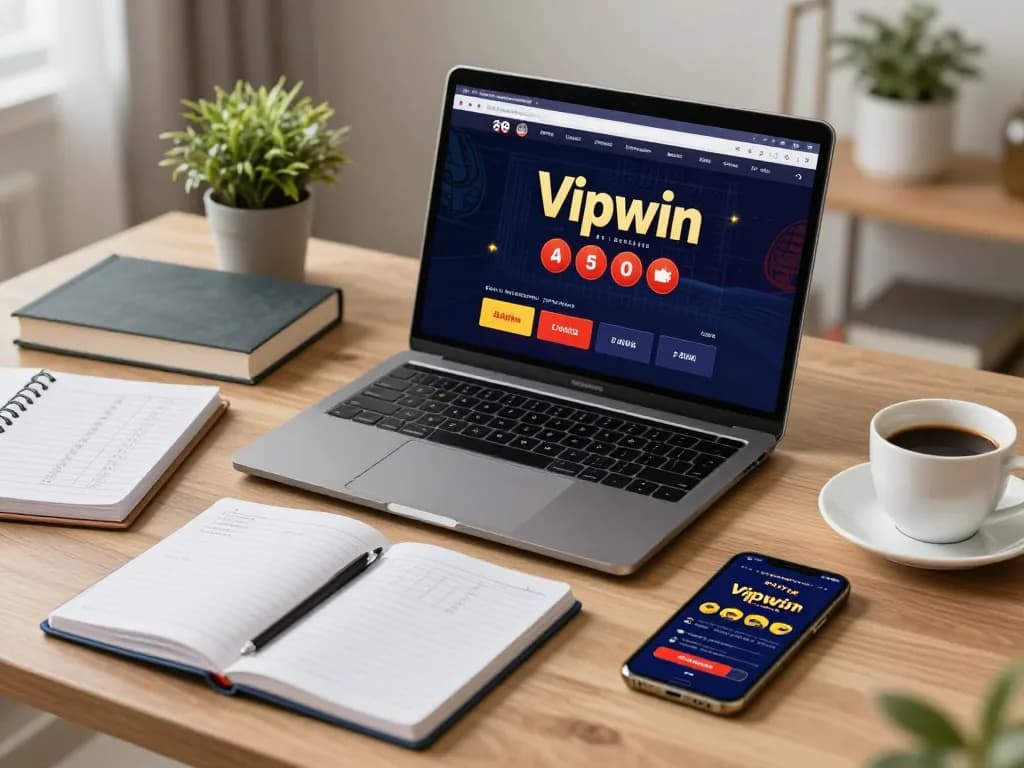 Engaging in online gambling at Vipwin with a laptop and strategic materials.