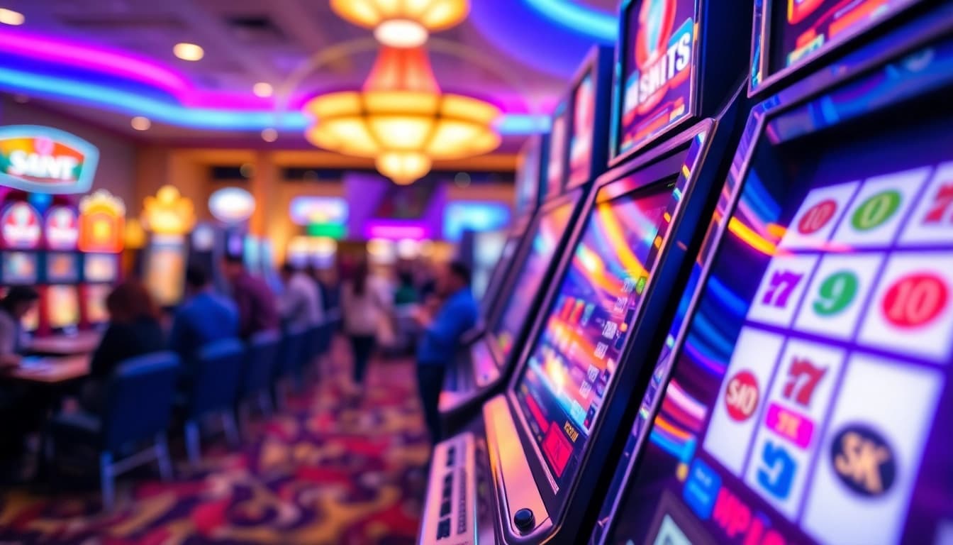 Garasislot menampilkan mesin slot yang cerah dalam suasana kasino yang ramai.