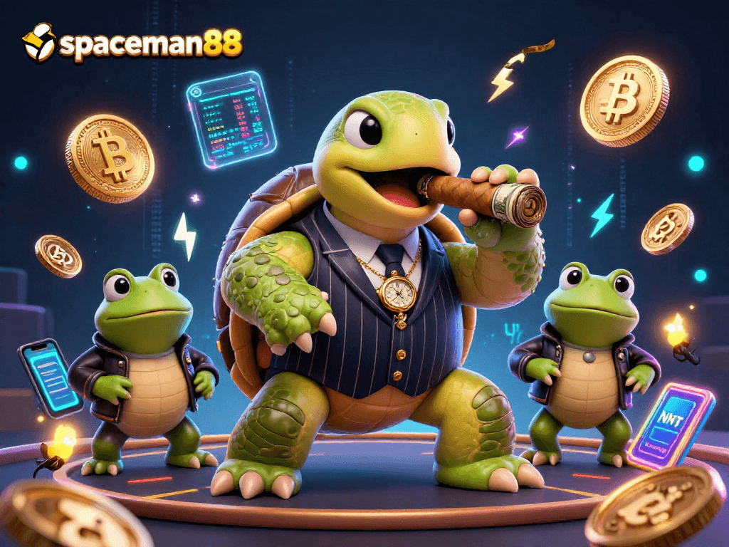 Experience the excitement of spaceman88 with a vibrant casino scene full of animated characters and crypto elements.