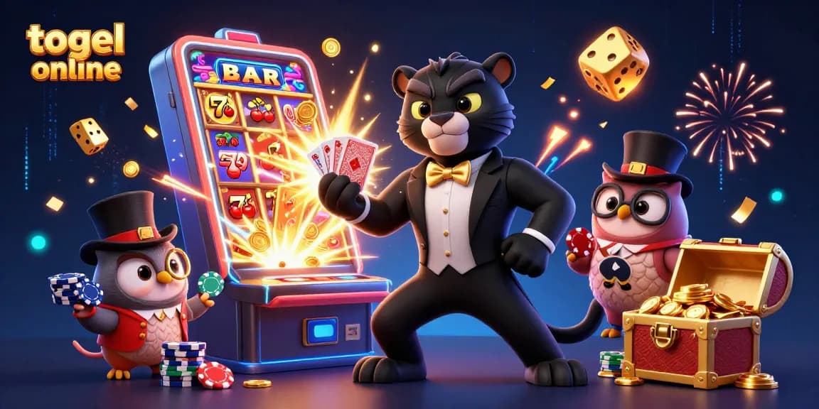 Play exciting togel online games with the stylish panther, owl, and lucky mouse in a vibrant casino scene.