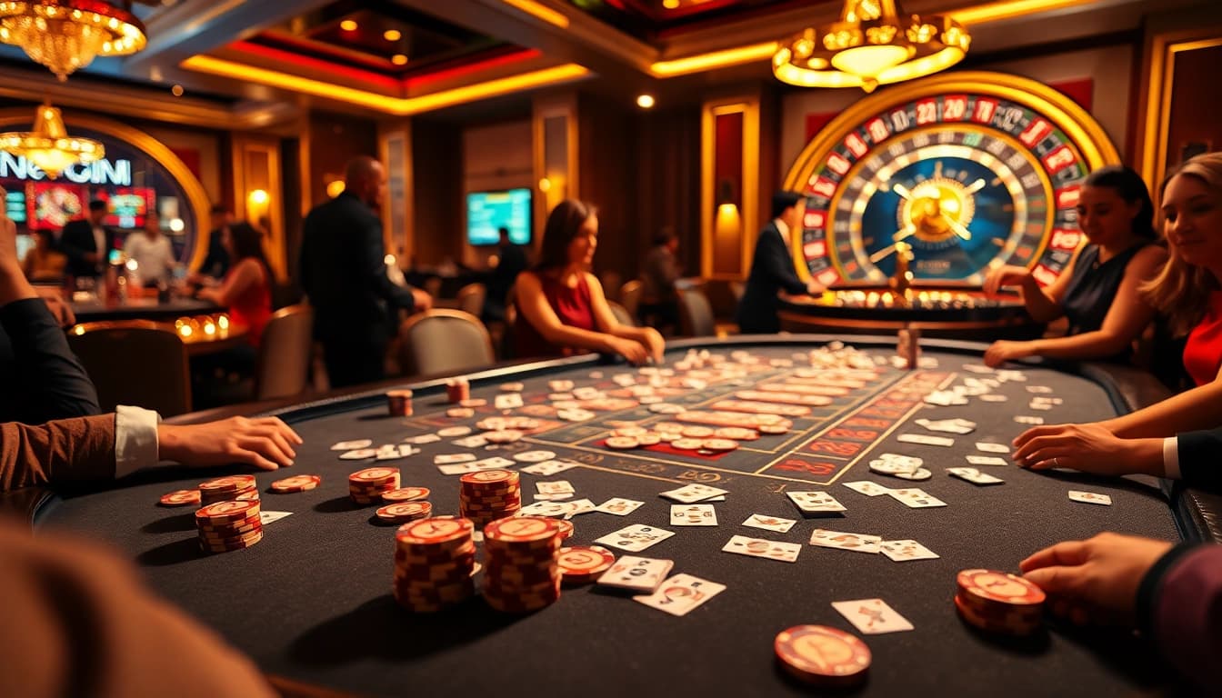 Exciting kkwin poker table action surrounded by enthusiastic players at a luxury casino.