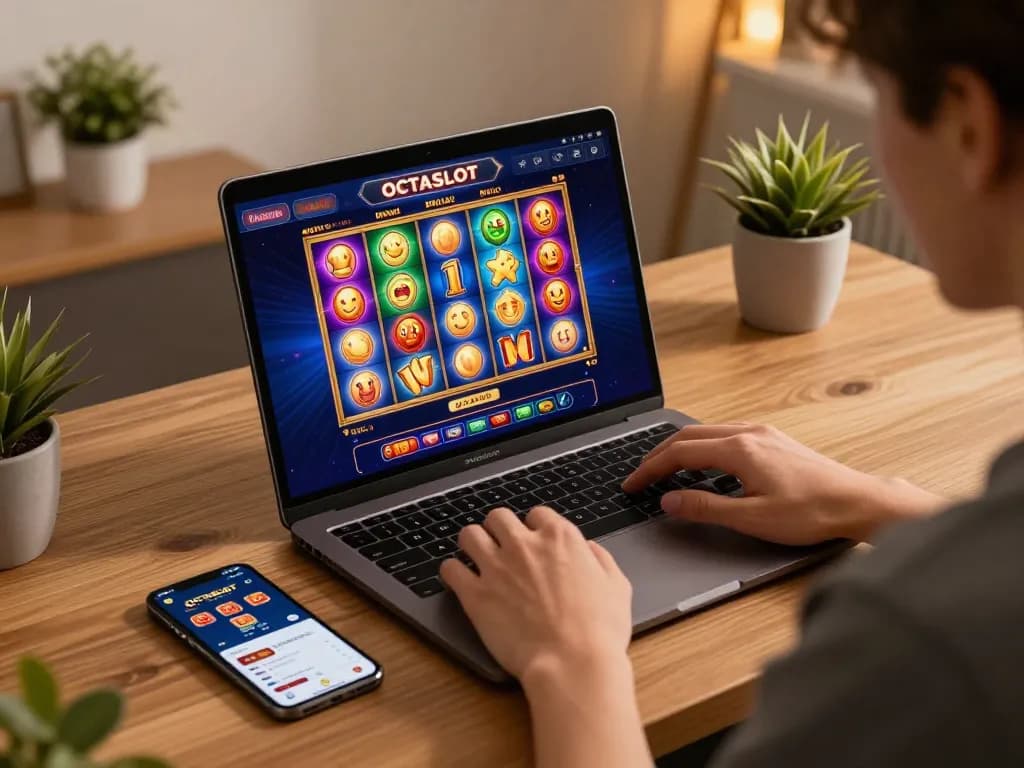 Player enjoying octaslot online slots on laptop, showcasing bright game interface and mobile app