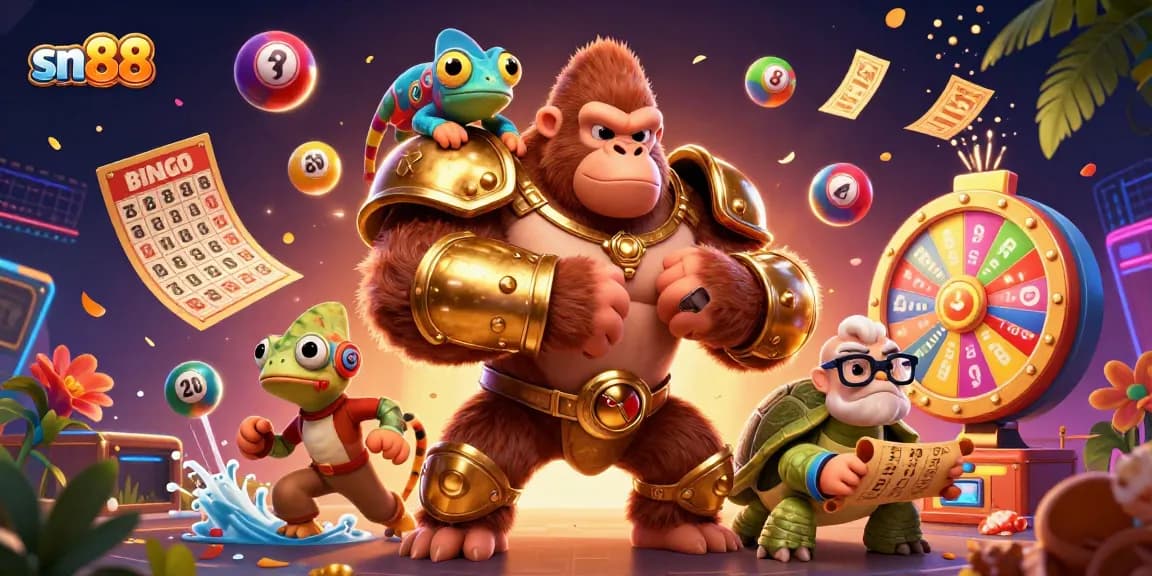 Experience the excitement of sn88 with a lively 3D illustration of a gorilla king, chameleon, and tortoise amidst dynamic gambling elements.