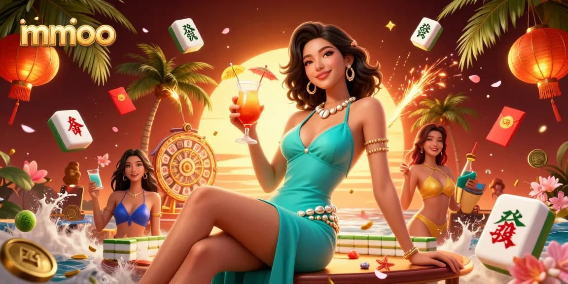 Experience vibrant gameplay at mmoo with a stunning casino scene featuring a glamorous woman and festive elements.