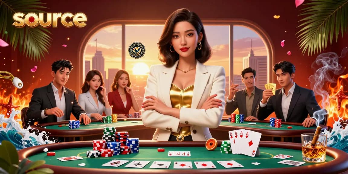 Experience the thrill of gaming at a luxurious casino source with vibrant poker elements and a powerful, elegant dealer.