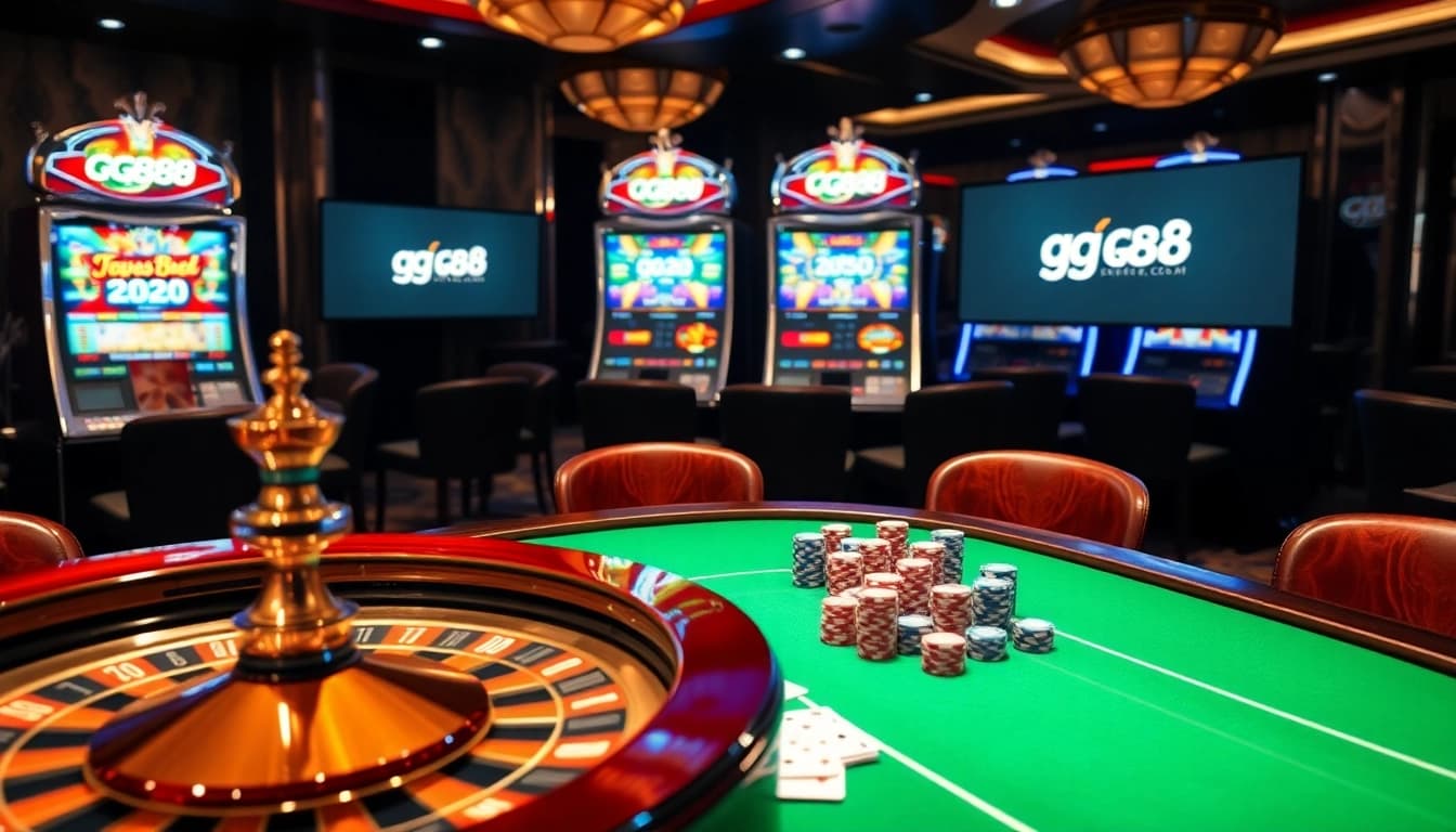Experience thrilling gameplay at gg88.cn.com with vibrant casino tables, poker chips, and roulette wheels in a luxurious setting.