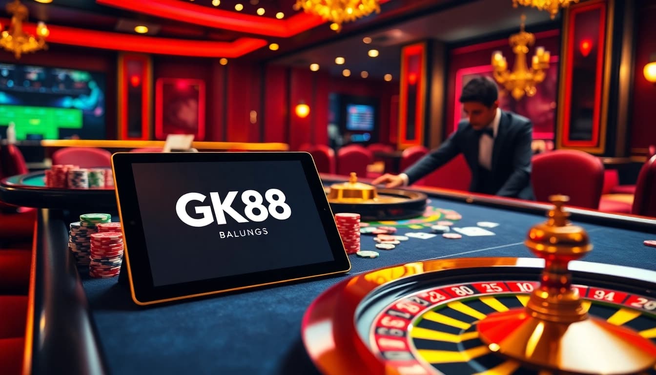 Engage in thrilling gameplay at https://gk88.bond/ with poker chips and a vibrant casino setting.