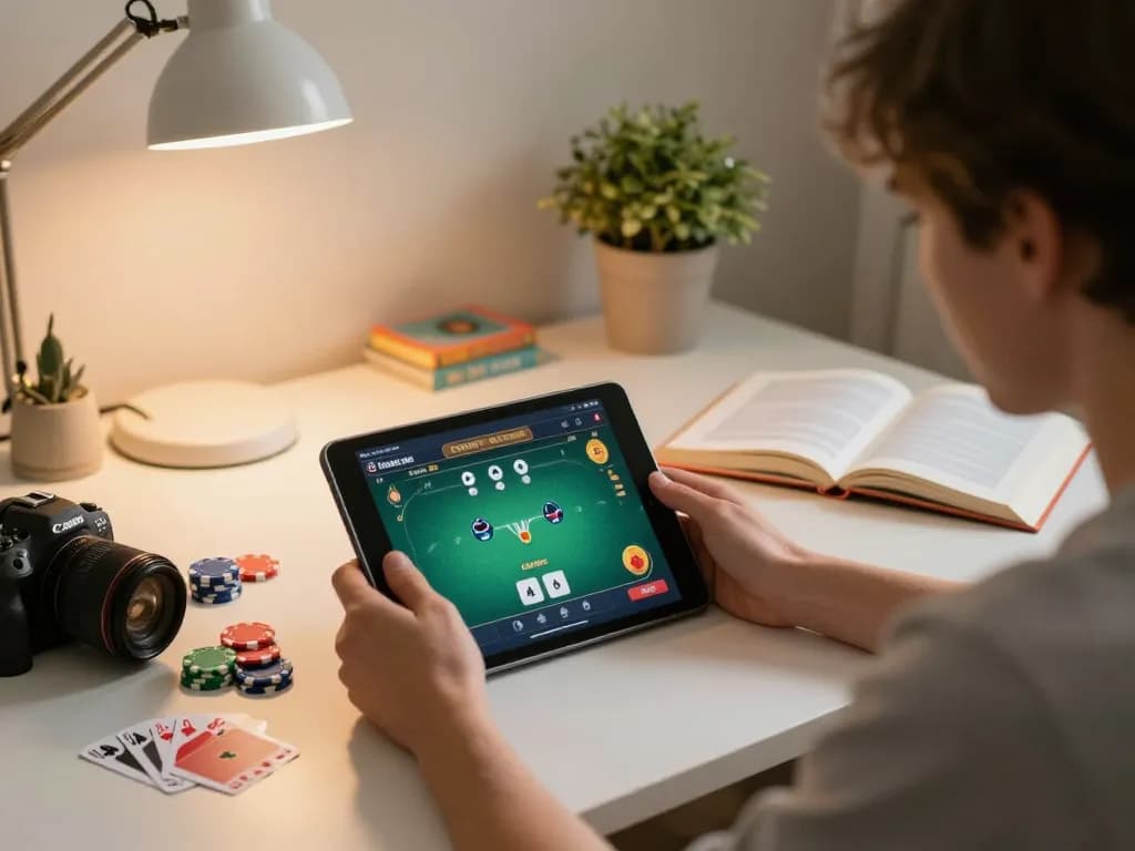 Engaged player strategizing in an online game at luck88com with poker chips and cards visible