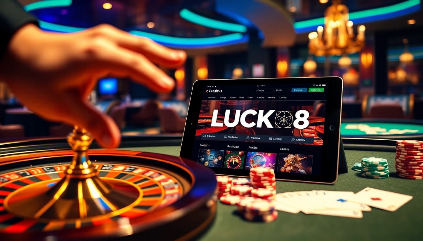 Experience LUCK8 with exciting online gambling elements like cards and chips.