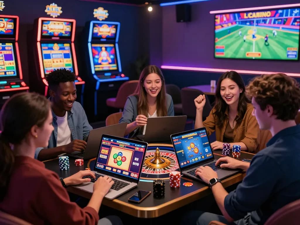 Alev Casino güvenilir mi? players excitedly enjoying vibrant casino games in a lively, secure environment.