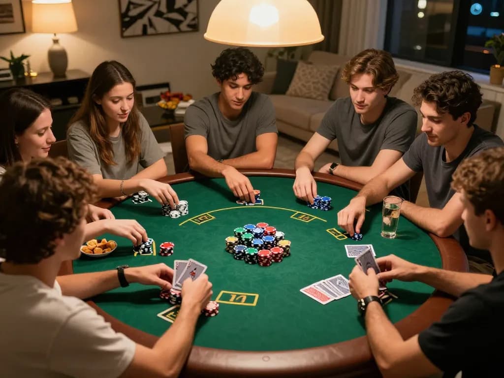 Friends enjoying a lively game of poker at home, showcasing the exciting atmosphere of jus77 gaming.