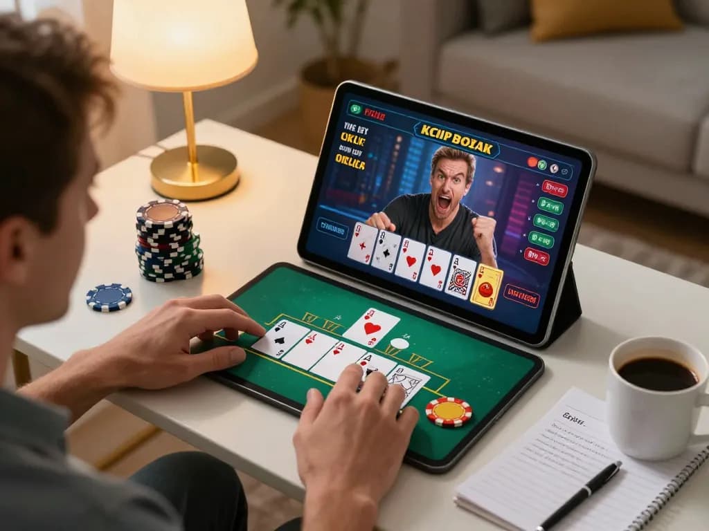 Player engaged in live Blackjack on hi88 tablet in cozy home setting with notes nearby.