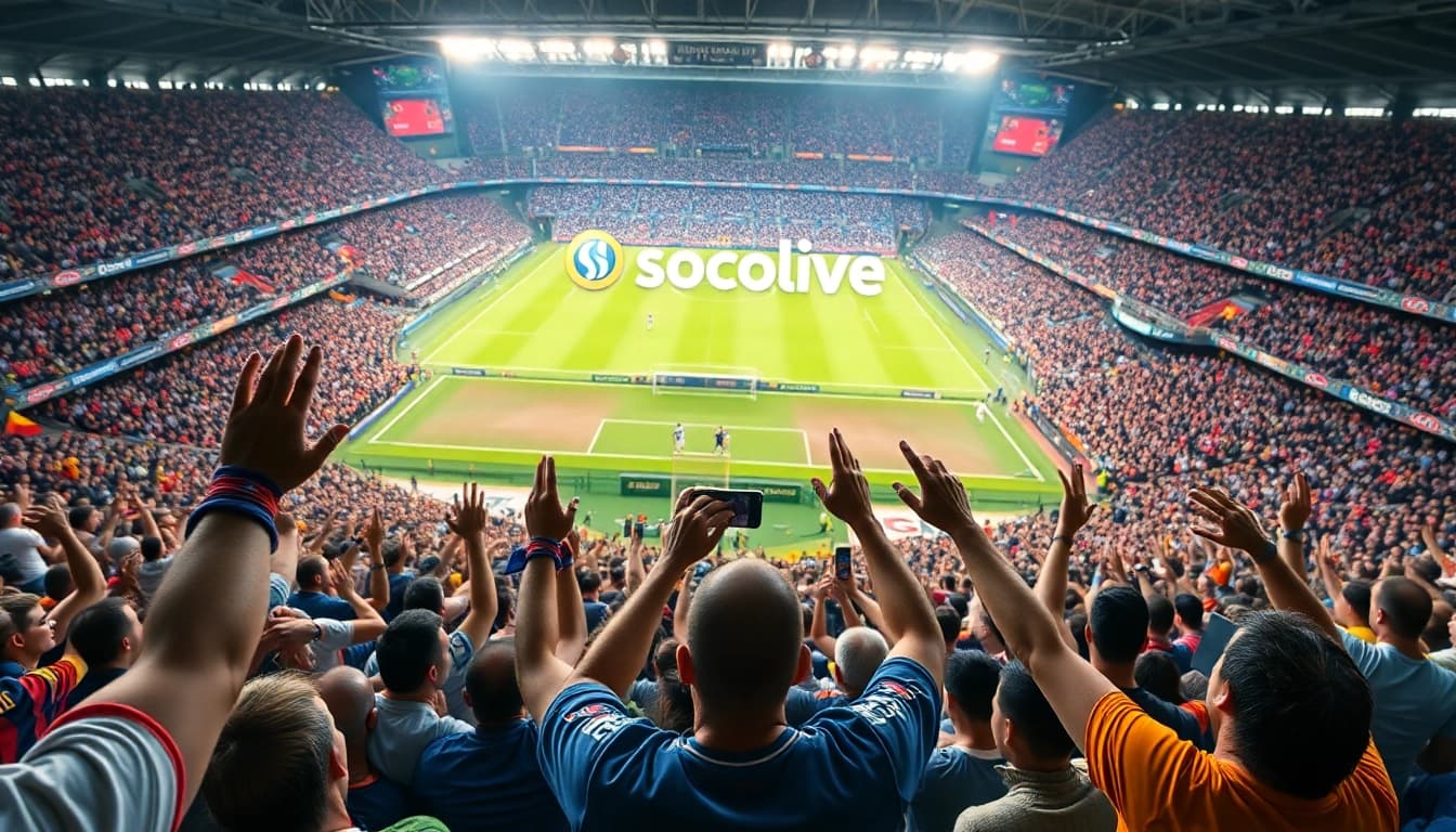 Socolive streaming live football matches in a packed stadium filled with passionate fans.