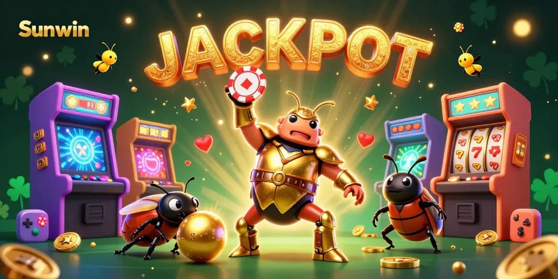 Sunwin celebrates victory with a 3D hercules beetle lifting a poker chip amidst glowing casino elements.