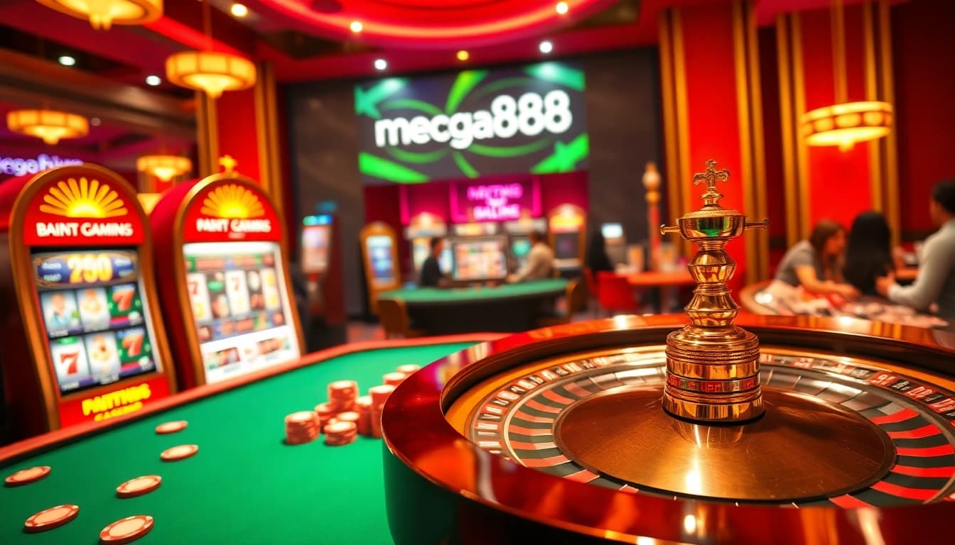 Mega888 original download experience with engaging casino players and slot machines in a luxurious setting.