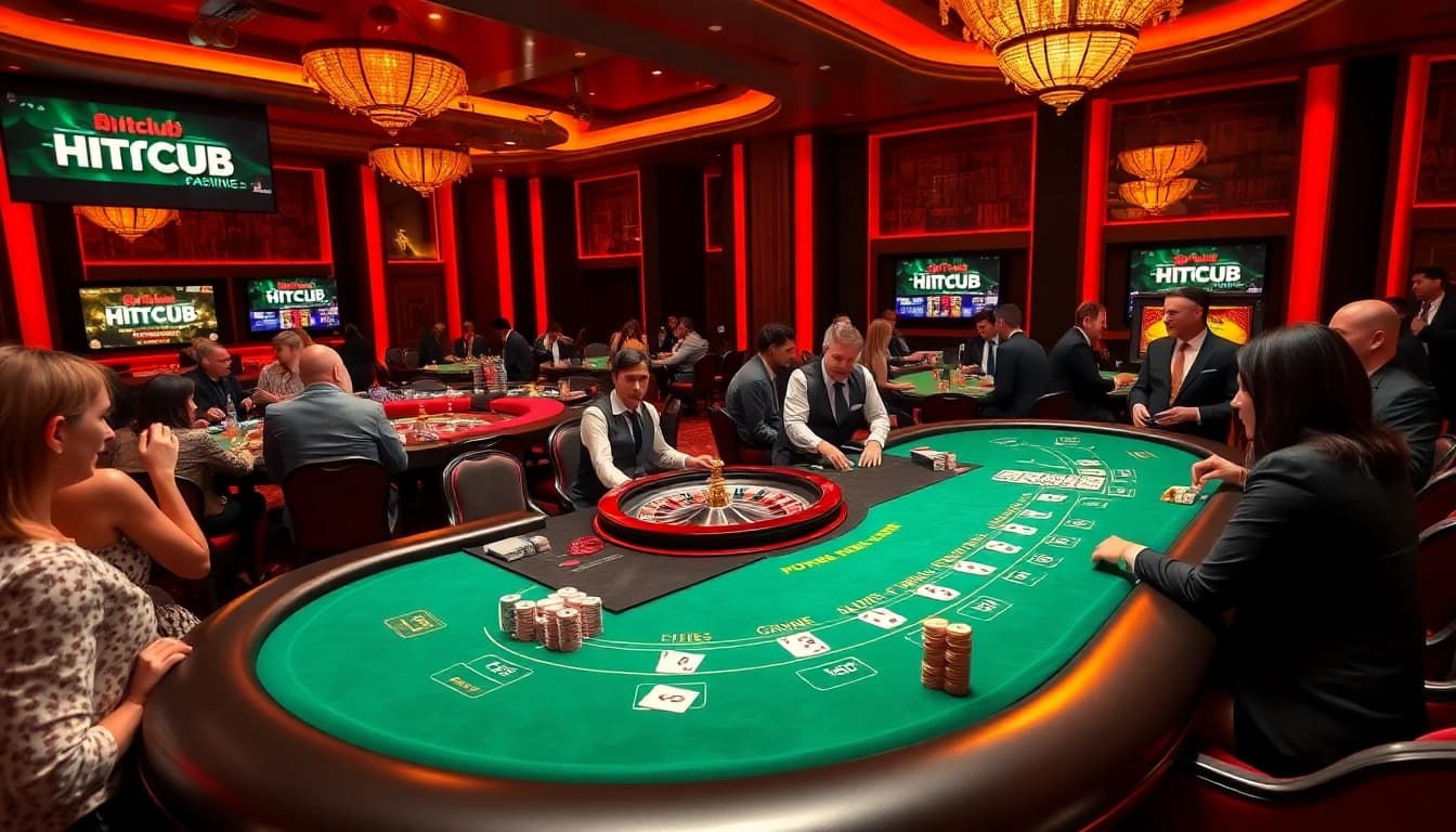 Players enjoying a thrilling game at HITCLUB casino with vibrant lighting and promotional displays.
