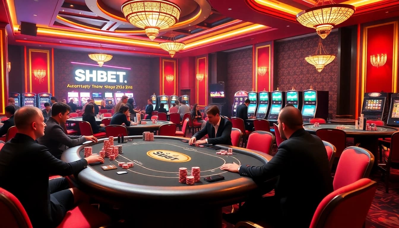 Exciting casino ambiance showcasing SHBET's high-stakes poker tables and vibrant gaming atmosphere.
