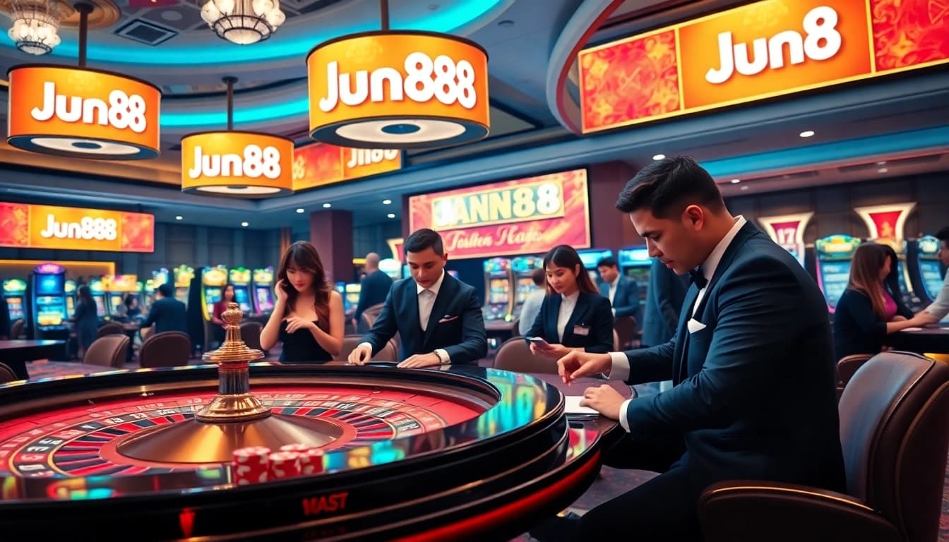 Experience the excitement of gambling at Jun88 with vibrant casino visuals and thrilling gameplay.