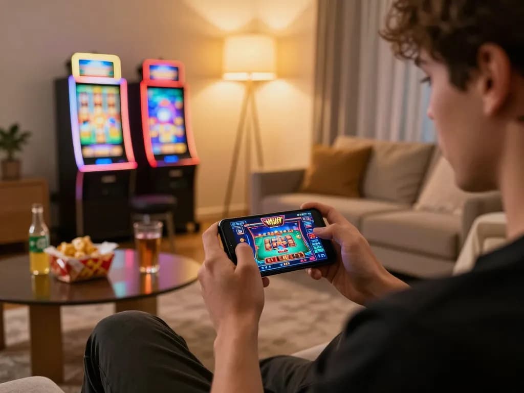 Player exploring NK88 MVP casino app on smartphone in cozy home setting, showcasing engaging online gaming