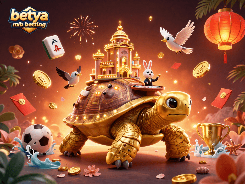 Engage in betya mlb betting excitement with a colorful 3D scene of a tortoise casino and a rabbit dealer.