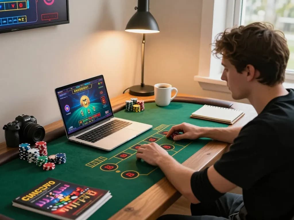 Engaged player using laptop for cm88 online gaming strategy at home, showcasing excitement and strategy.