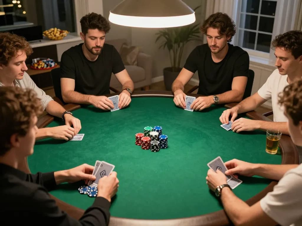 Suasana menarik teman-teman bermain poker di rumah, dengan chip bayi toto di meja.
