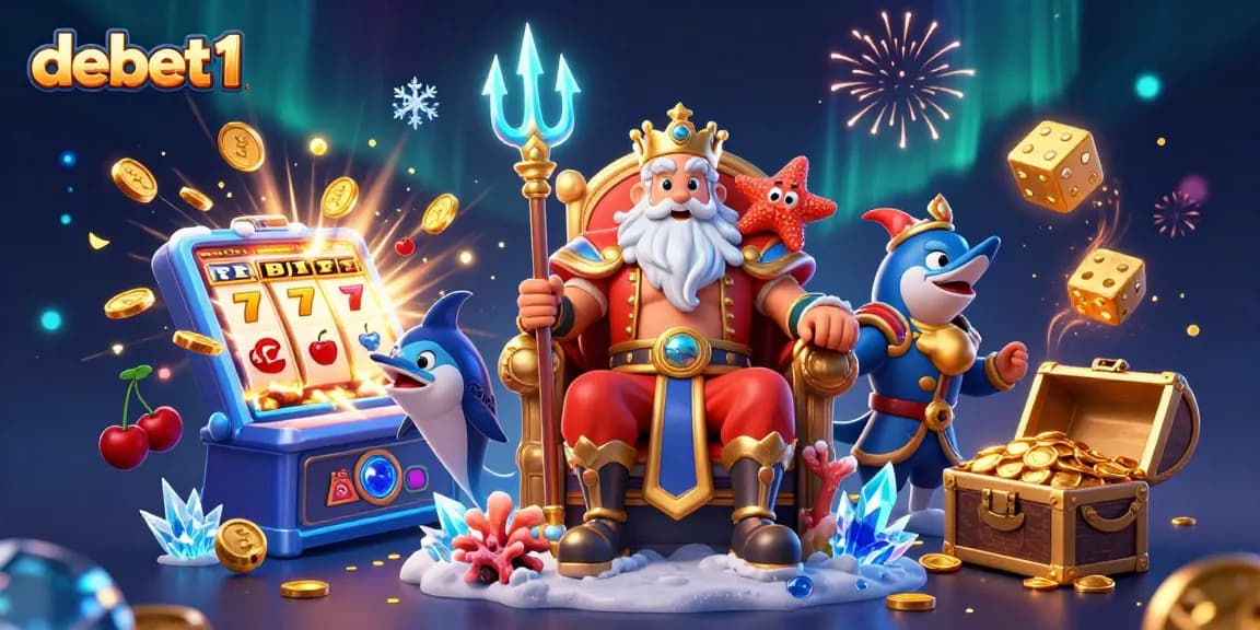 Experience the world of debet1 with Neptune surrounded by a jackpot, coins, and vibrant casino elements.